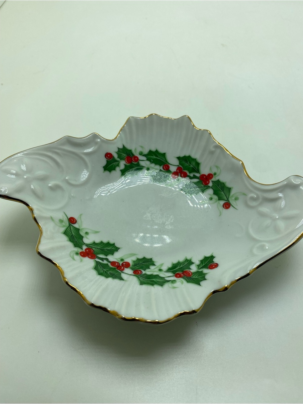 Vintage Norcrest Holly Berry Candy Dish -with Gold Leaf Trim